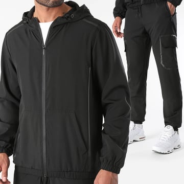 LBO - 0143 Conjunto de chaqueta negra con capucha y cremallera y pantalón cargo