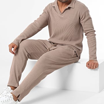 Frilivin - Set di polo a maniche lunghe e pantaloni da jogging beige