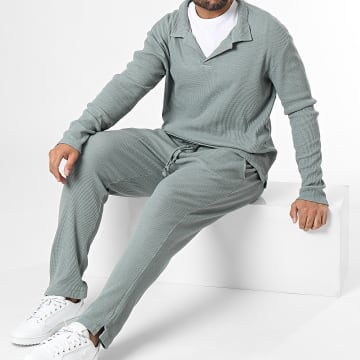 Frilivin - Set di polo a maniche lunghe e pantaloni da jogging verde e grigio