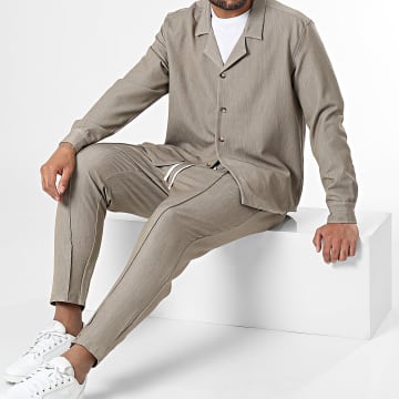 Frilivin - Conjunto de camisa de manga larga y pantalón beige topo