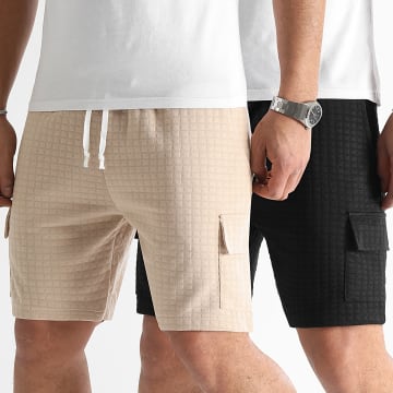 LBO - Lote de 2 pantalones cortos Cargo con textura cuadrada 0777 Negro Beige