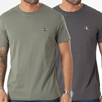  Calvin Klein - Lot De 2 Tee Shirts Monologo 0199 Vert Kaki Gris Anthracite