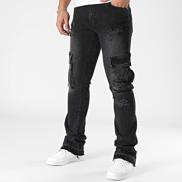 2Y Premium - Pantalon Cargo Jean Flare Noir