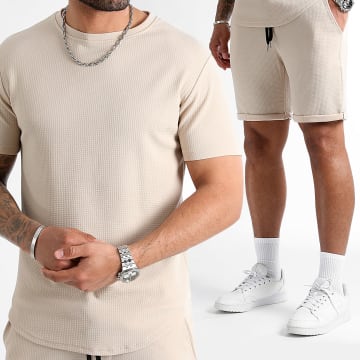 LBO - Maglietta oversize e set di pantaloncini da jogging testurizzati Waffle 0821 Beige chiaro