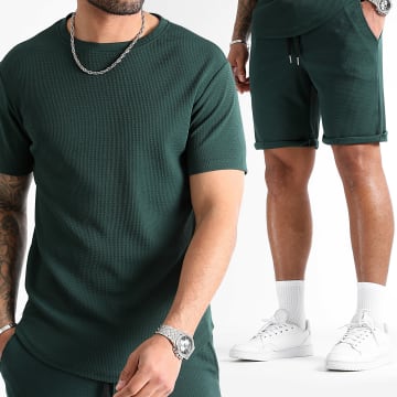 LBO - Conjunto de camiseta oversize y pantalón corto texturizado Waffle 0822 Bottle Green