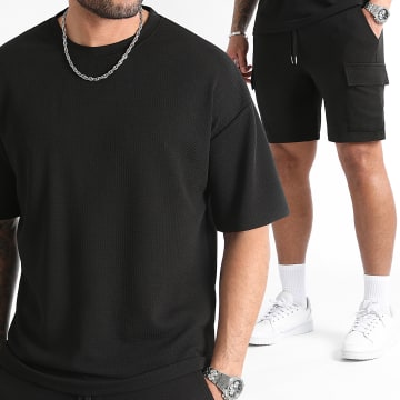 LBO - Conjunto de camiseta negra grande Waffle 0824 y pantalón corto Cargo texturizado