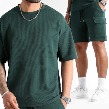 LBO - Conjunto de camiseta grande con textura Waffle y pantalón corto Cargo 0827 Bottle Green