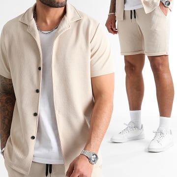 LBO - Conjunto de camisa de manga corta con textura gofre y pantalón corto de jogging 0830 Beige claro