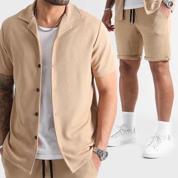 LBO - Camisa de manga corta con textura de gofre y pantalón corto de jogging 0831 Beige