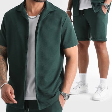 LBO - Camicia a maniche corte e pantaloncini da jogging con risvolto 0832 Set verde bottiglia