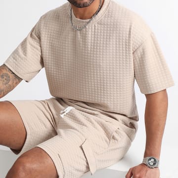 LBO - Conjunto de camiseta cuadrada texturizada y pantalón corto cargo 1070521 Beige