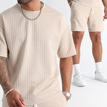 LBO - Conjunto de camiseta cuadrada texturizada y pantalón corto cargo 1070521 Beige