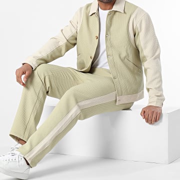 Frilivin - Conjunto de chaqueta y pantalón de jogging a rayas verde claro y beige