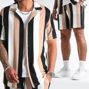 LBO - Negro Blanco Beige 0919 Conjunto de camisa de rayas y pantalón corto de jogging