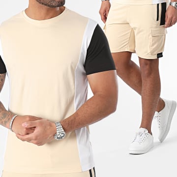 Zayne Paris  - Conjunto de camiseta de rayas beige y pantalón corto de jogging