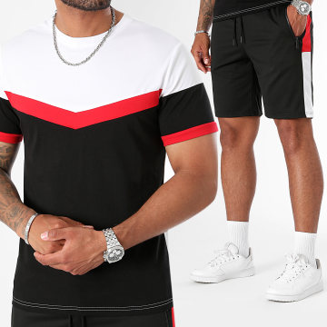 LBO - 0156 Set composto da maglietta nera, bianca e rossa e pantaloncini da jogging