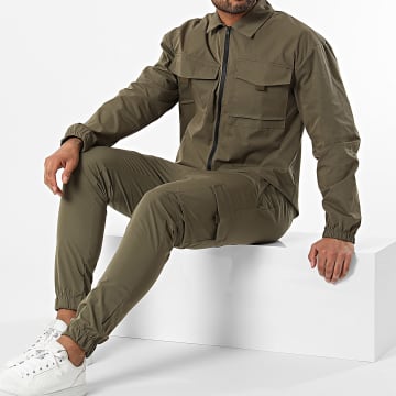 Frilivin - Conjunto de chaqueta con cremallera y pantalón cargo verde caqui