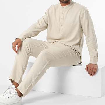 Frilivin - Conjunto de camisa de manga larga y pantalón Beige claro
