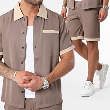 Frilivin - Camicia a maniche corte e pantaloncini da jogging marrone beige