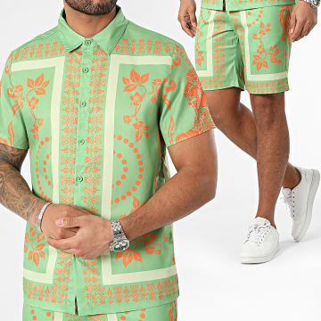 Frilivin - Set camicia a maniche corte e pantaloncini da jogging verde-arancio