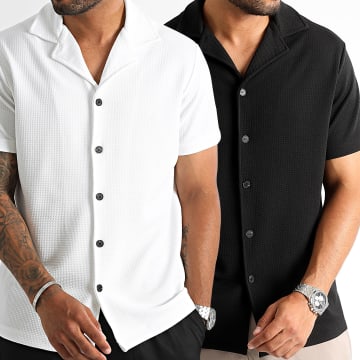 LBO - Set di 2 camicie a maniche corte con texture waffle 1031 bianco nero
