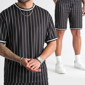 LBO - 1040 Conjunto de camiseta de béisbol de rayas negras y pantalón corto de jogging
