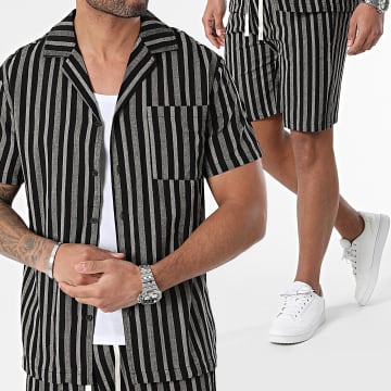 Frilivin - Conjunto de camisa de manga corta negra beige y pantalón corto de jogging