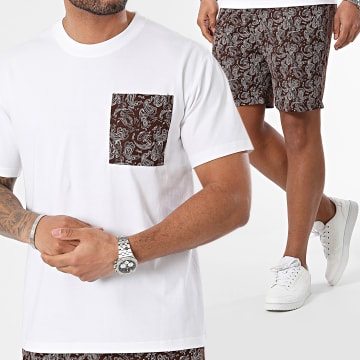Frilivin - Conjunto de camiseta de bolsillo blanca marrón y pantalón corto de jogging