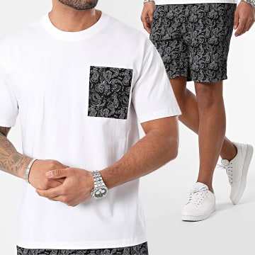 Frilivin - Conjunto de camiseta blanca con bolsillos negros y pantalón corto de jogging