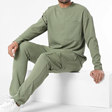 KZR - Set di pantaloni cargo e maglietta tascabile a maniche lunghe verde kaki