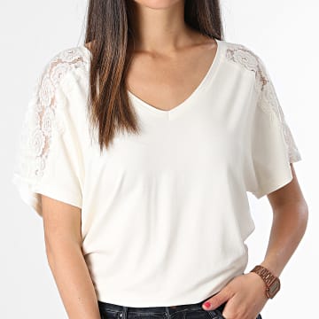 Only - Tee Shirt Col V Femme Moster Beige Clair