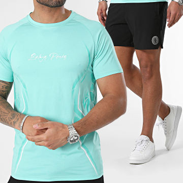 Zelys Paris - Set pantaloncini da jogging e t-shirt verde turchese screziato nero