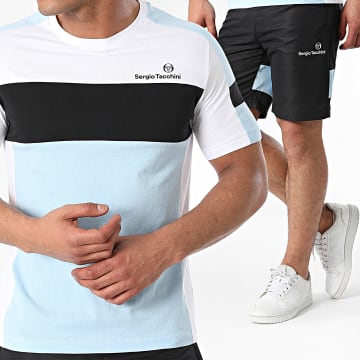Sergio Tacchini - Set di maglietta e pantaloncini da jogging bianco azzurro nero