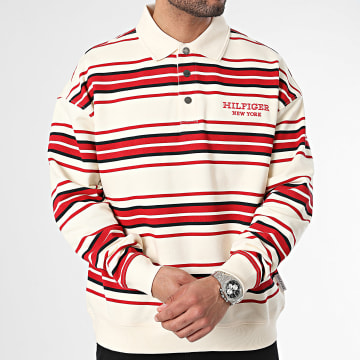 Tommy Hilfiger - Pull Col Boutonné Monotype Stripe Rugby 4408 Beige Rouge