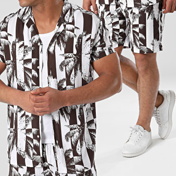 KZR - Set camicia a maniche corte e pantaloncini da jogging bianco marrone
