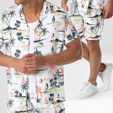 KZR - Conjunto de camisa de manga corta y pantalón corto de jogging Blanco Verde Naranja