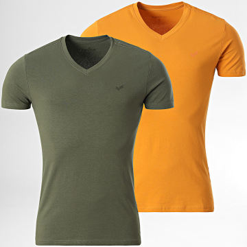 Kaporal - Lot De 2 Tee Shirts Col V GIFTM11 Orange Vert Kaki