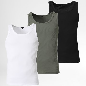 LBO - Lote de 3 camisetas de tirantes acanaladas 1128 Negro Verde Caqui Blanco