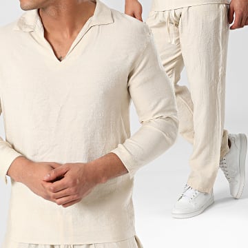 Frilivin - Conjunto de camiseta de manga larga y pantalón beige