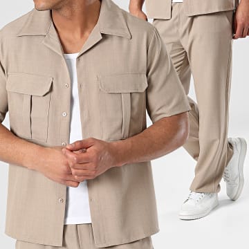 Frilivin - Conjunto de camisa de manga corta y pantalón chino beige