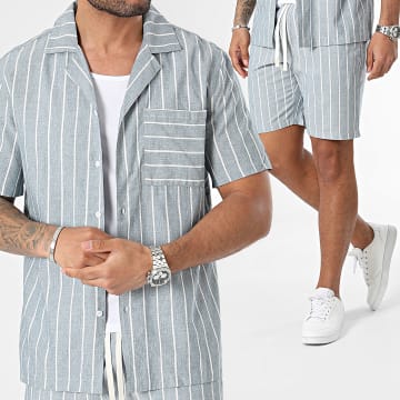 Frilivin - Conjunto de camisa de manga corta y pantalón corto de rayas azules y blancas