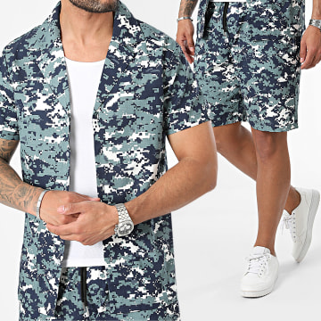 John H - Set di camicia a maniche corte e pantaloncini da jogging blu e bianco della marina