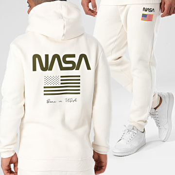 NASA - Born In USA Beige Verde Khaki Felpa con cappuccio e pantaloni da jogging con bandiera