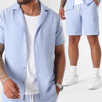 LBO - Conjunto de camisa de manga corta y pantalón corto efecto lino 1177 Azul claro