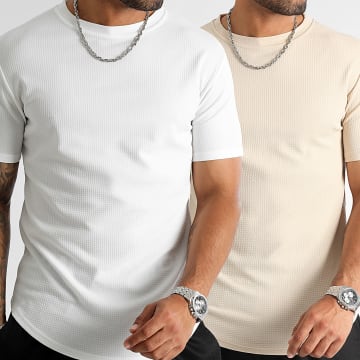 LBO - Set di 2 magliette testurizzate Waffle 0296 0299 Bianco Beige chiaro