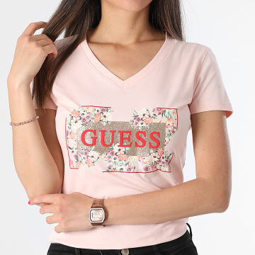 Guess - Tee Shirt Col V Femme W4GI23 Rose