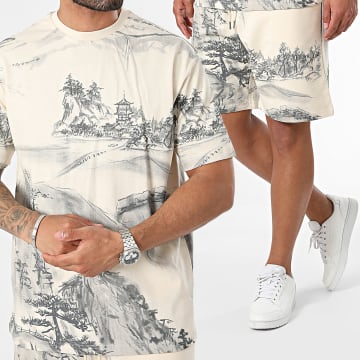 Ikao - Conjunto de camiseta oversize y pantalón corto de jogging beige