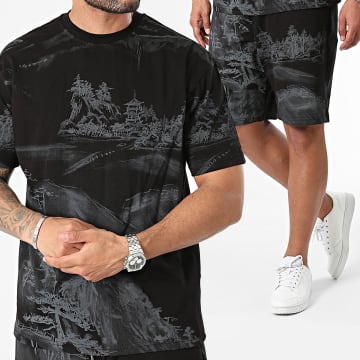 Ikao - Conjunto de camiseta oversize negra y pantalón corto de jogging