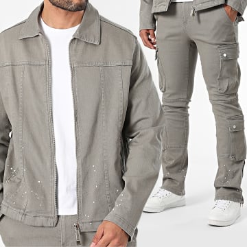 Ikao - Conjunto de chaqueta gris con cremallera y pantalón cargo