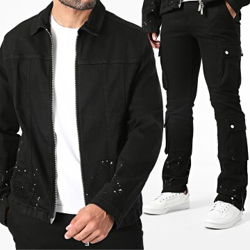 Ikao - Set giacca con zip e pantaloni cargo in denim nero